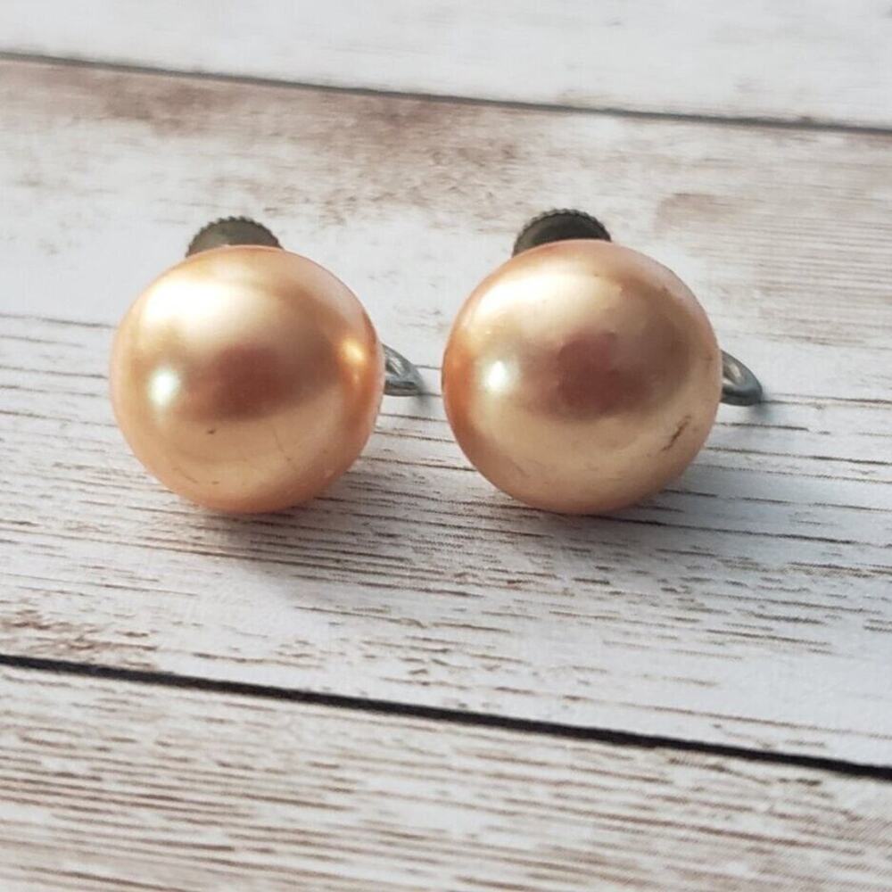 Vintage Screw On Earrings - Bronze Tone Faux Pearl